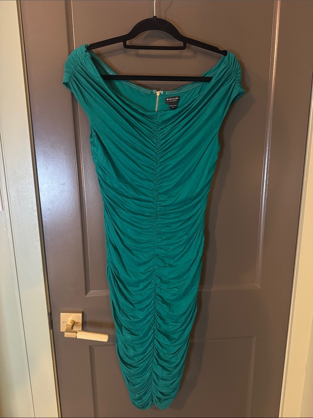 Marciano Teal Ruched Off-Shoulder Midi Dress